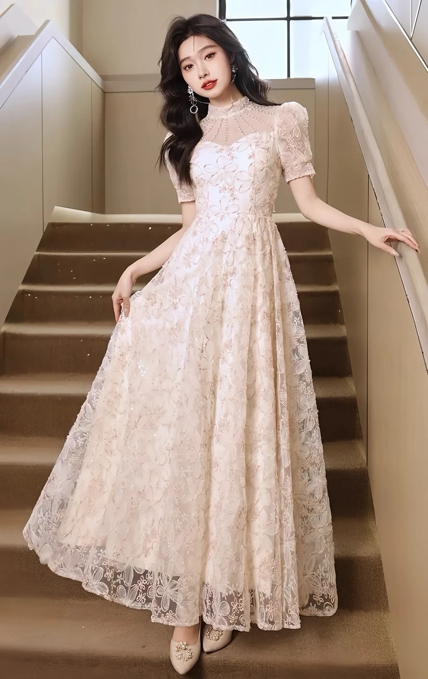 Lace Long Dress Women's Princess Sleeved Square Neck Elegant Evening Dresses S5440