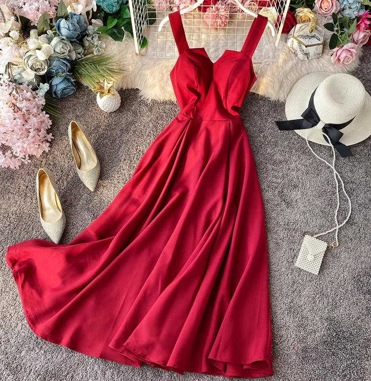Sexy backless retro suspender skirt tube top dress waist slimming beach over knee goddess dress R0340