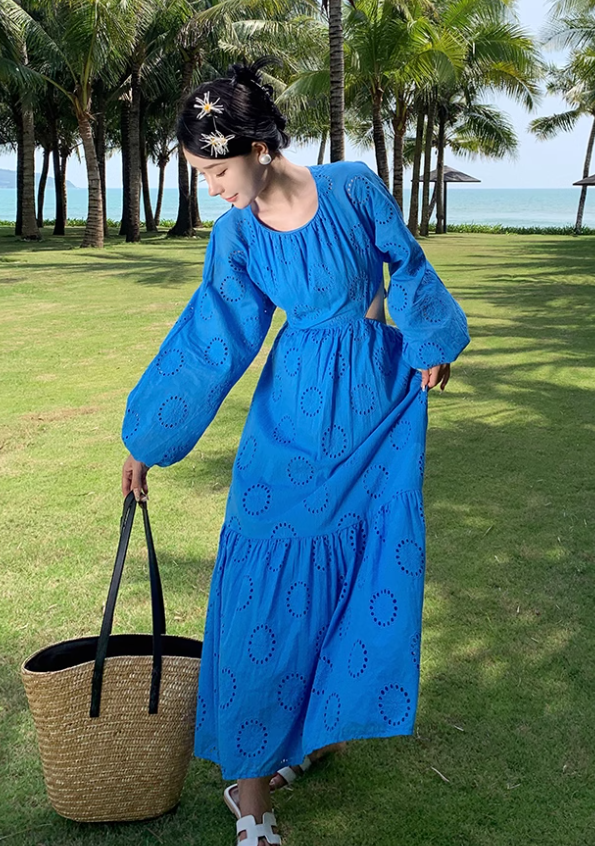Seaside travel long skirt hollow waist slim embroidery backless long sleeves big swing dress R0186
