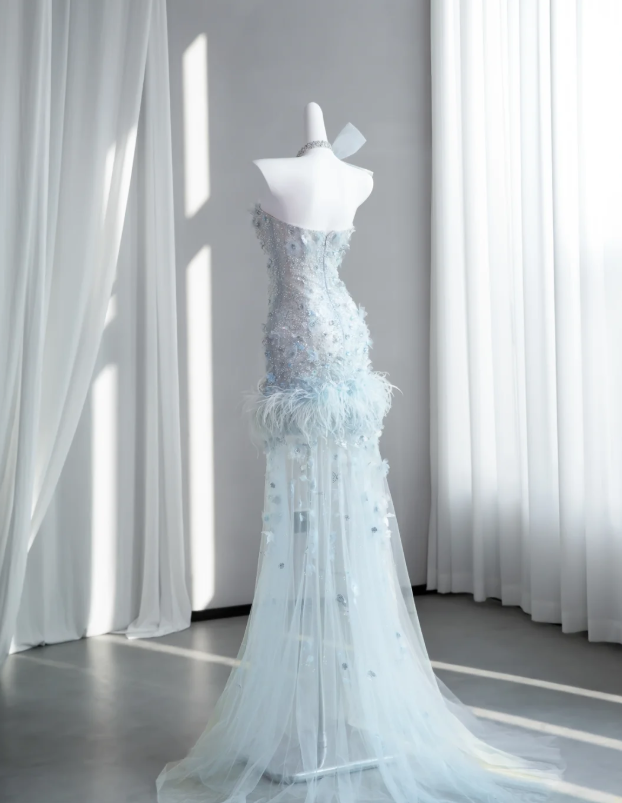 Refined Feather Decor Women's Prom Gown Pale Blue Corset Hi-Lo Evening Dress — Fall Outfit 2026 New RS3133