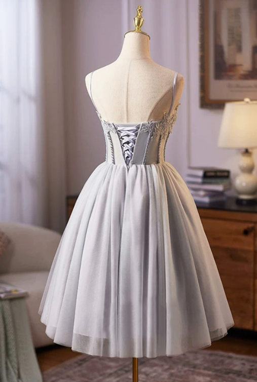 Elegant Sliver A-Line Spaghetti Straps Corset Mini Prom Dress Homecoming Dress RS577