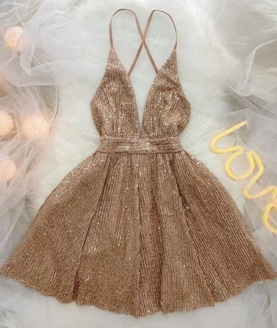 Glitter V-neck Women's Homecoming Dress Golden Corset Short Prom Dress Party Dress RS2575