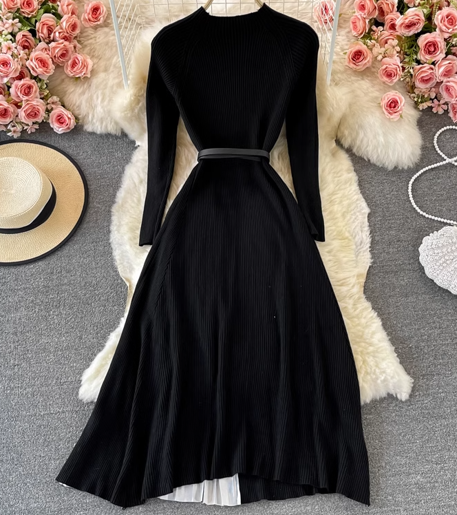 Temperament black long-sleeved fake two-piece knitted pleated dress 2025 elegant long skirt R0366