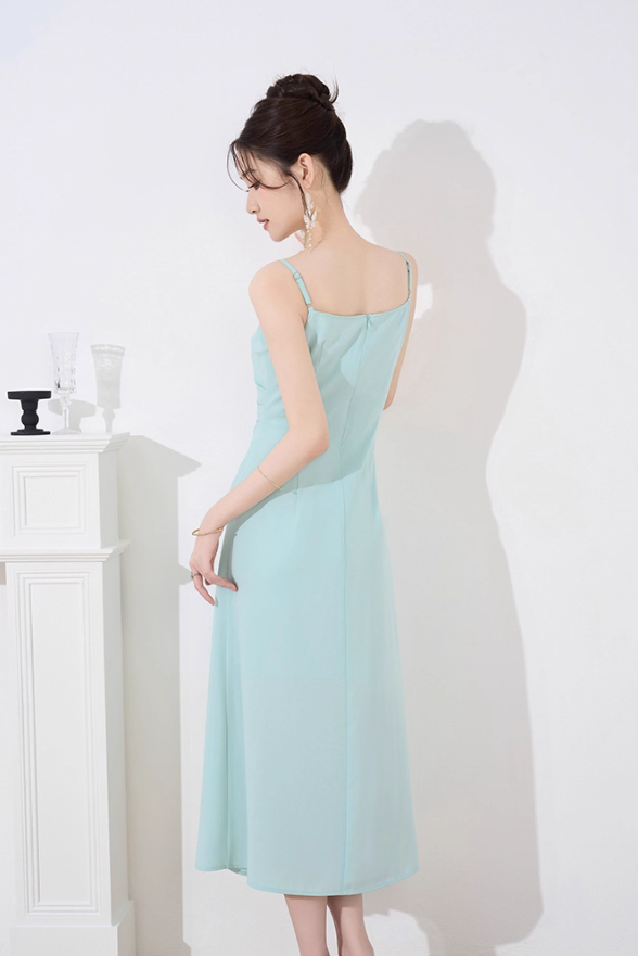 French design niche dress new style temperament waist slimming medium-length green suspender skirt R4458