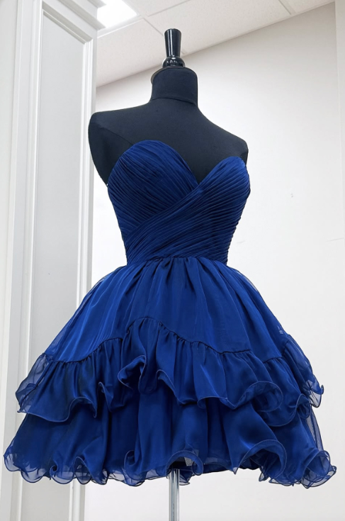 Elegant Navy A-Line Strapless Chiffon Corset Mini Prom Dress Homecoming Dress RS578