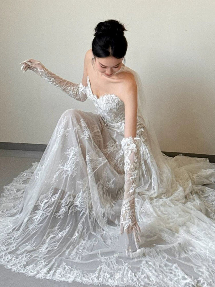 Sexy Lace Strapless Long Wedding Dresses Bridal Gown S7206