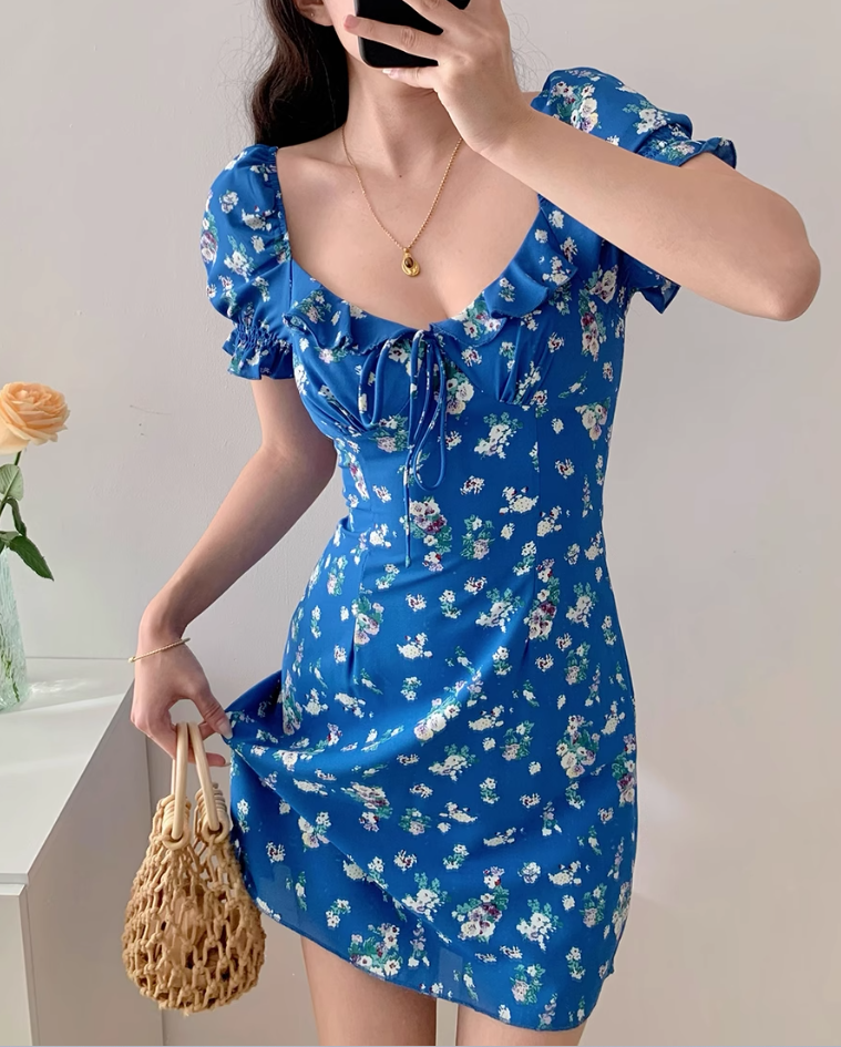 Klein blue floral slim fit versatile puff sleeve dress waist short skirt R2857