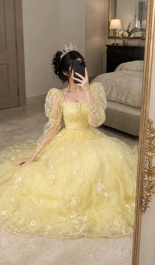 Girlish Tulle Puffy Prom Gown Yellow Women's Corset Maxi Evening Dress Birthday Dress RS2905