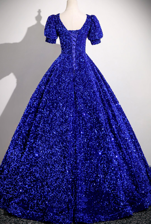 Elegant Navy Glitter A-Line V-neck Corset Maxi Evening Dress RS584