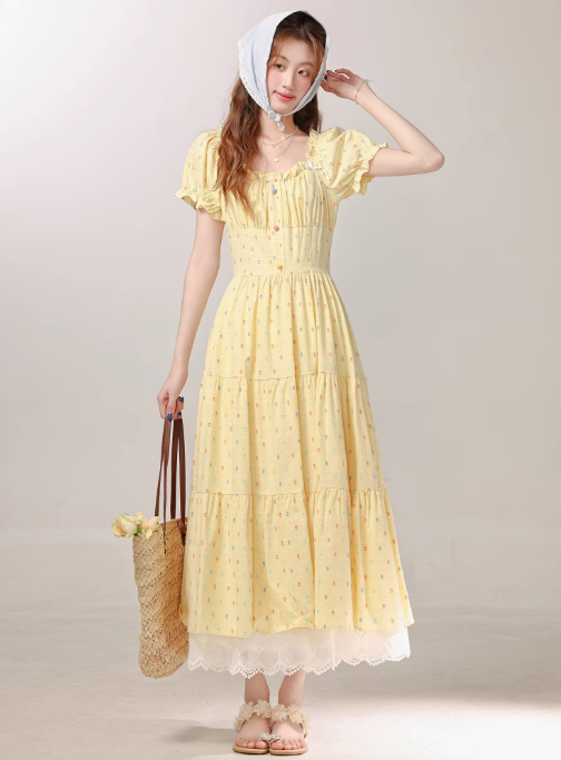 Cute sweet yellow polka dot dress summer seaside holiday long dress R1911