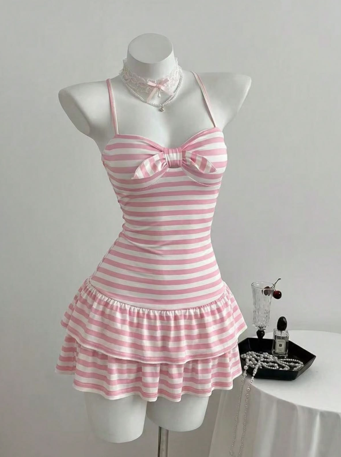 Sweet Pink Striped Homecoming Dress ,A-Line Spaghetti Straps Corset Short Prom Dress RS871