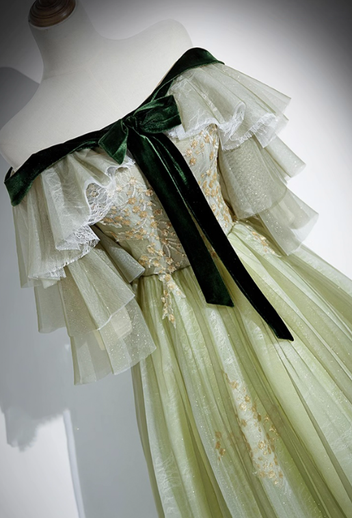 French Chic Bud Green A-Line Bateau Corset Maxi Evening Dress Prom Dress RS585