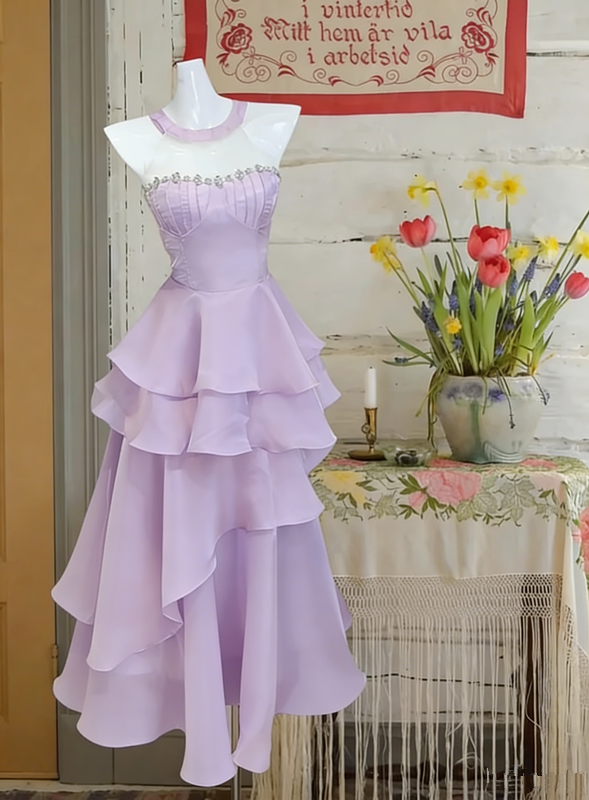 Pink tube top waist cake skirt sexy satin long dress prom dress R6230