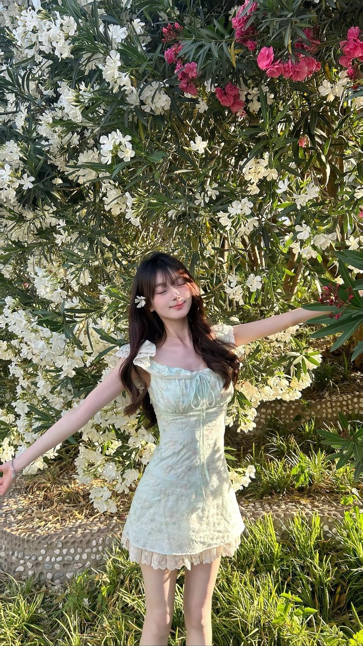 Light green floral lace trim slim and fresh A-line skirt homecoming dress R2525