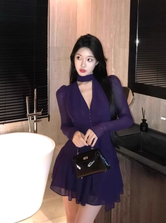 Royal sister style V-neck long-sleeved purple dress 2025 temperament waist short skirt R1332