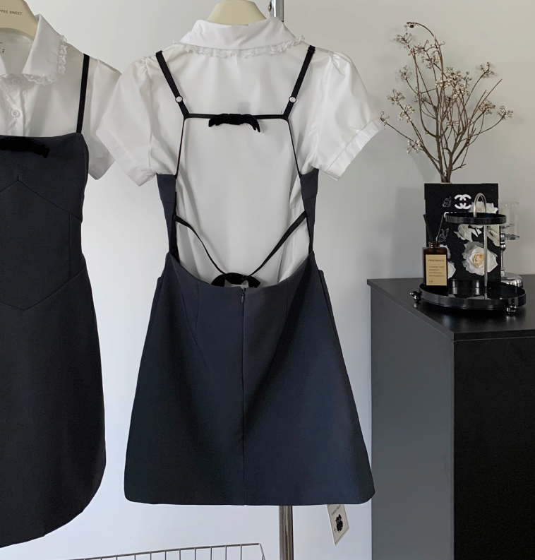 Suspender Dress College Style Shirt Bow Lace Stitching Suit Skirt R2079