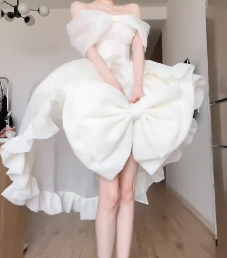 Sweet and elegant apricot bow-tie dress evening dress high waist slim fluffy princess dress R1693