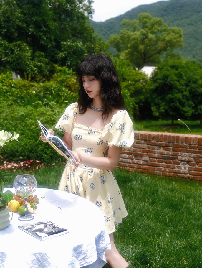 French square neck puff sleeve dress temperament tea break dress retro skirt R2705