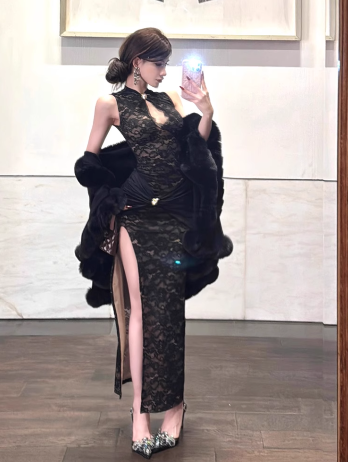 Sexy hot girl lace hollow dress female 2025 new Chinese style high slit cheongsam skirt R1063