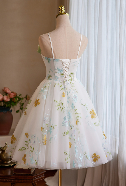 Fresh White Floral A-Line Spaghetti Straps Applique Corset Mini Evening Dress Homecoming Dress RS580