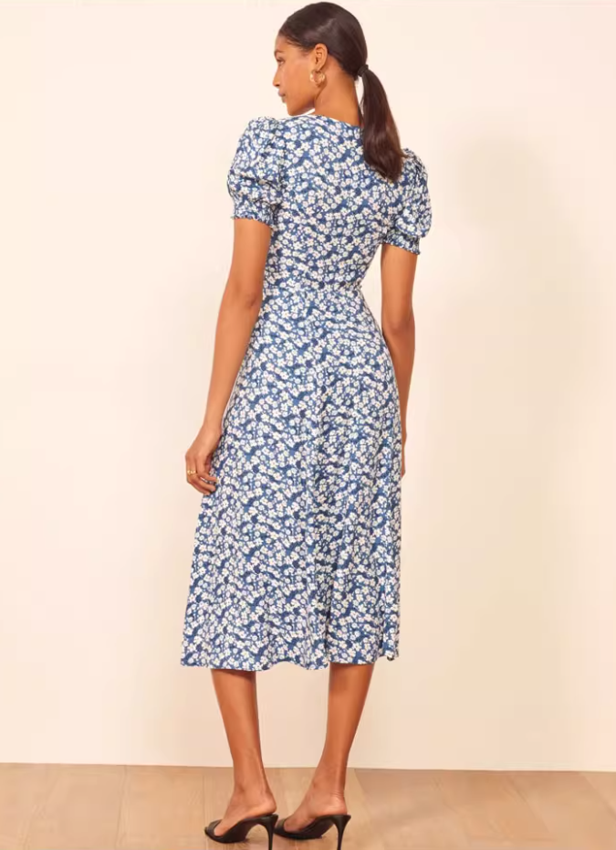 Summer square neck retro floral dress new French slit midi dress R2915