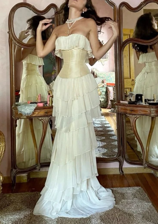 Clean Strapless Ruffled Prom Gown White Women's Corset Maxi Evening Dress Party Dress RS2846