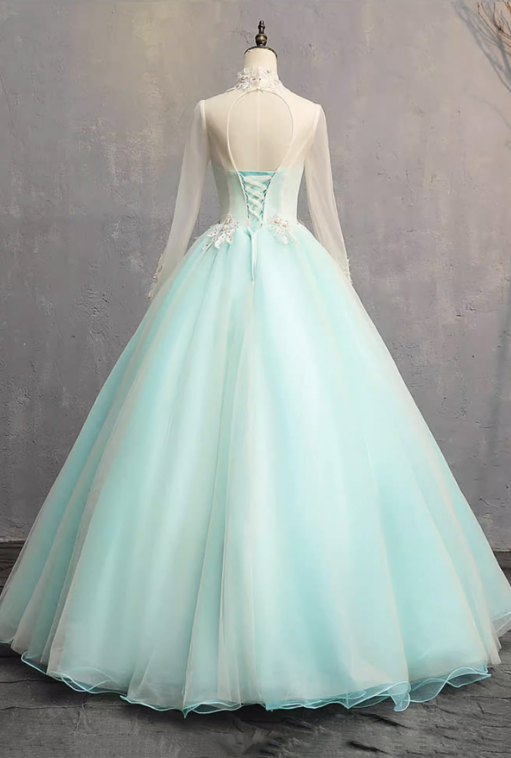 French Chic Mint Green A-Line High Collar Applique Corset Maxi Evening Dress Prom Dress RS586