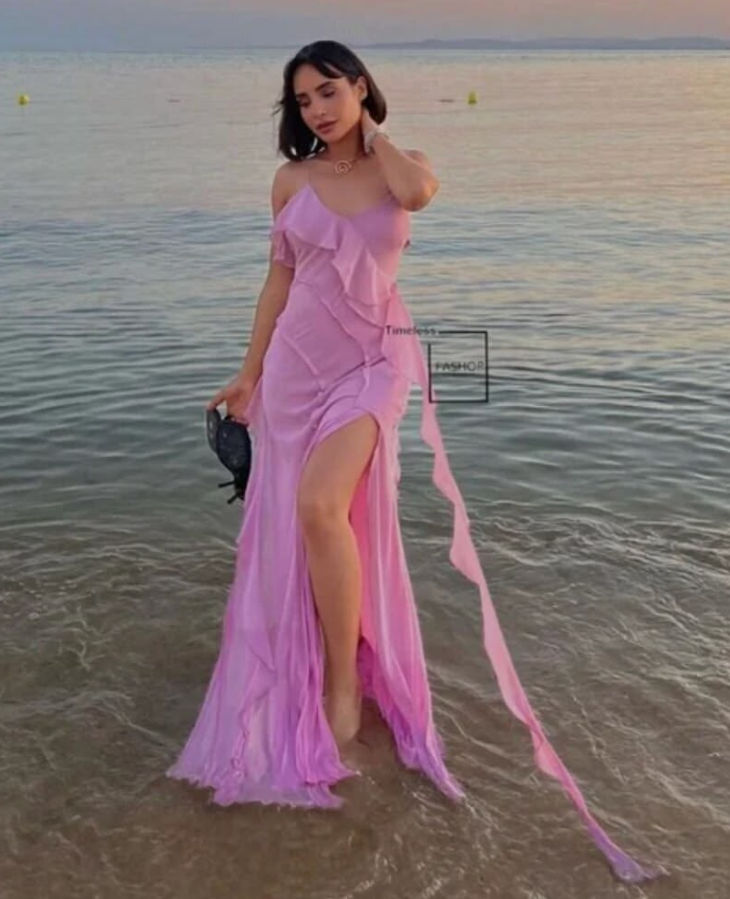 Flowy Purple Prom Dress ,Spaghetti Straps Chiffon High-slit Maxi Summer Dress RS913