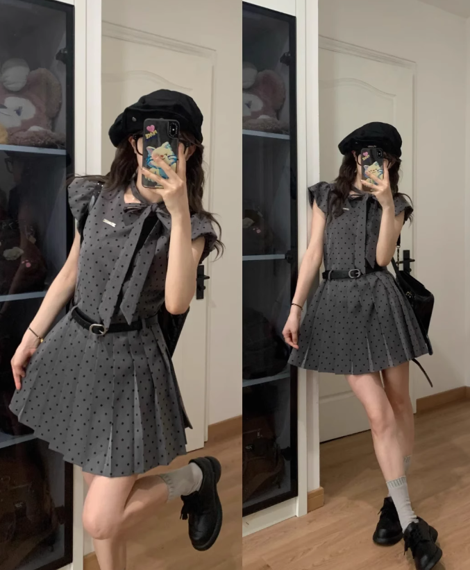 Gray polka dot dress for women summer 2025 new bow design sweet waist short skirt R0113