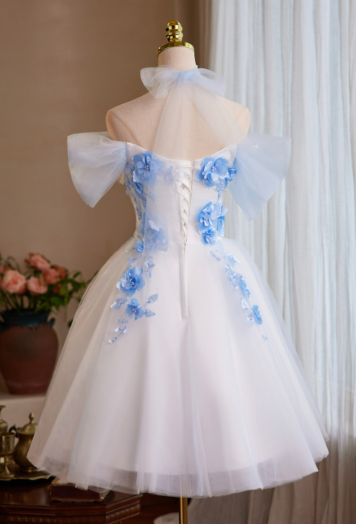 Fresh White A-Line Off-the-shoulder Blue-Applique Corset Mini Evening Dress Homecoming Dress RS581