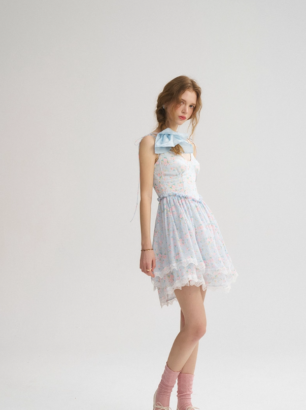 French blue skirt sweet floral suspender skirt holiday style ear-shaped short dress for women R3522