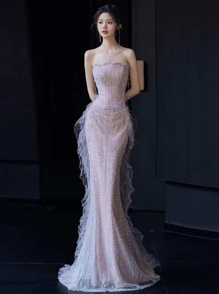 French Chic Champagne Prom Dress ,Mermaid Strapless Beaded Dreamy Evening Dress RS918