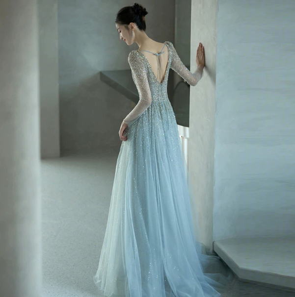 Glitter Sliver Prom Dress ,A-Line Square Tulle Corset Dreamy Evening Dress RS919
