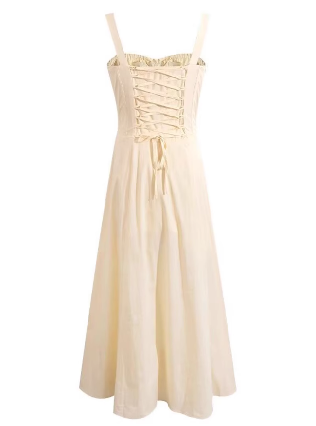 2025 Summer New Yellow Slit Sexy Waist Drawstring Holiday Suspender Dress R0938