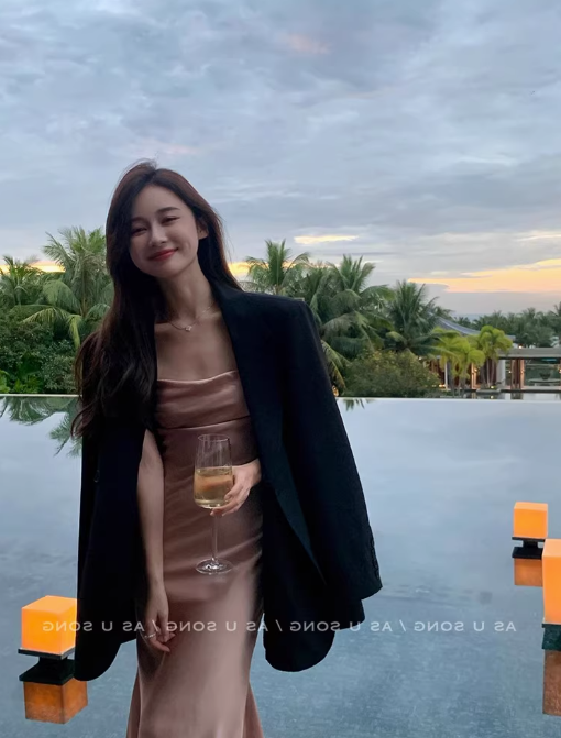 French silk satin suspender dress with backless vacation outfit fishtail slit inner long skirt R1531