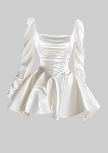 High-end light luxury square neck long-sleeved satin dress 2025 waist A-line dress R1157