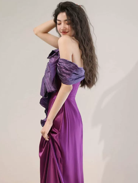 Niche Purple Prom Dress ,Mermaid One-shoulder Satin Corset Maxi Evening Dress RS925