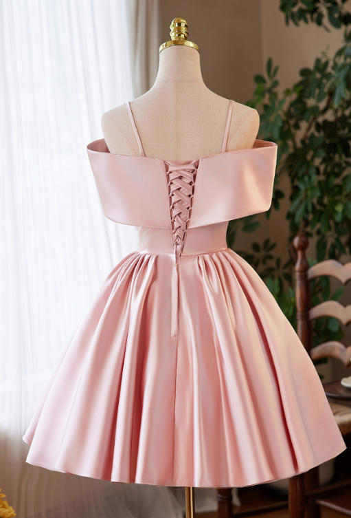 Sweet Pink A-Line Spaghetti Straps Applique Corset Mini Birthday Dress Homecoming Dress RS582