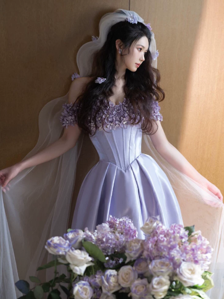 Dreamy Purple Prom Dress ,A-Line Bateau Applique Corset Maxi Evening Dress RS927