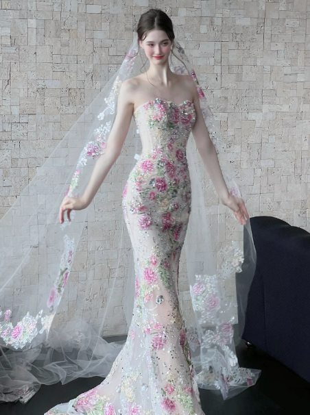 Dreamy Ivory Floral Prom Dress ,Mermaid Strapless Tulle Corset Maxi Evening Dress RS928