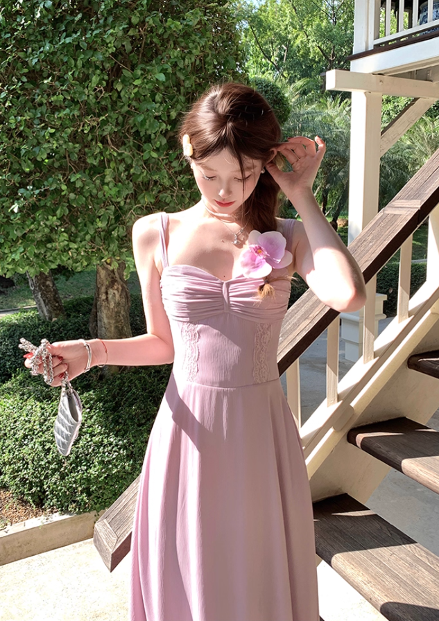 Solid color long waist suspender dress French retro slim skirt R4945