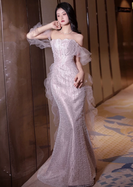 Elegant Pink Prom Dress ,Mermaid Off-the-shoulder Tulle Bodycon Maxi Evening Dress RS934
