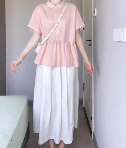 A set of beautiful pink short-sleeved shirt a-line skirt two-piece suit 2025 new R0846