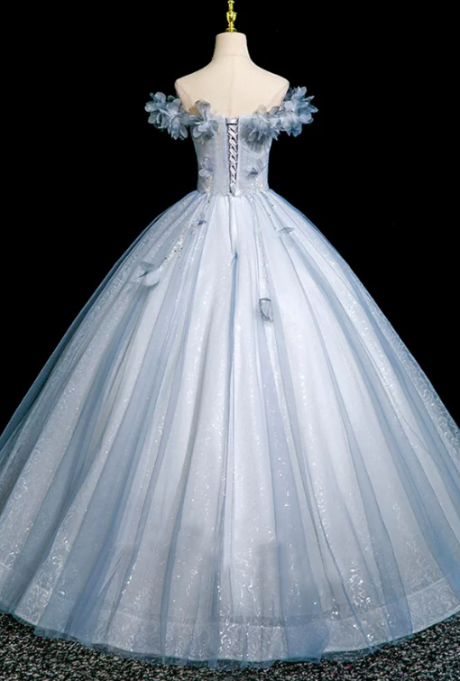 Elegant Pale Blue Beaded Ball Gown Bateau Applique Corset Maxi Evening Dress Quinceanera Dress RS587