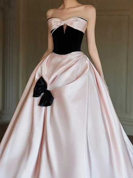 Charming Pink Birthday Dress ,A-Line Strapless Contrast Satin Corset Maxi Evening Dress RS938