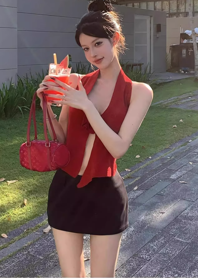 Pure desire style halter neck backless top 2025 plus size hot girl skirt suit R1301