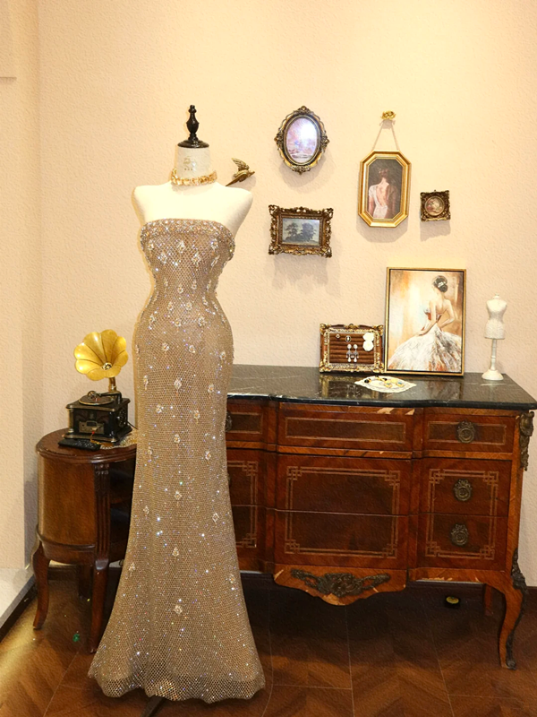 Gold strapless shawl fitted waist bodycon long wedding dress R6572