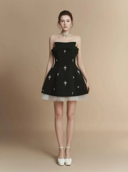 White tube top waist temperament A-line slim princess skirt homecoming dress R4839