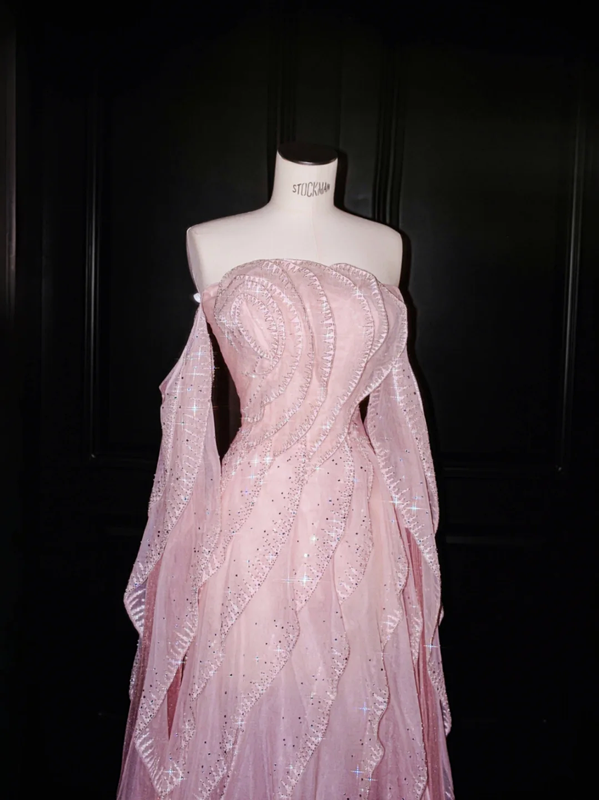 Pink tube top girl waist cute long skirt, prom dress R5621