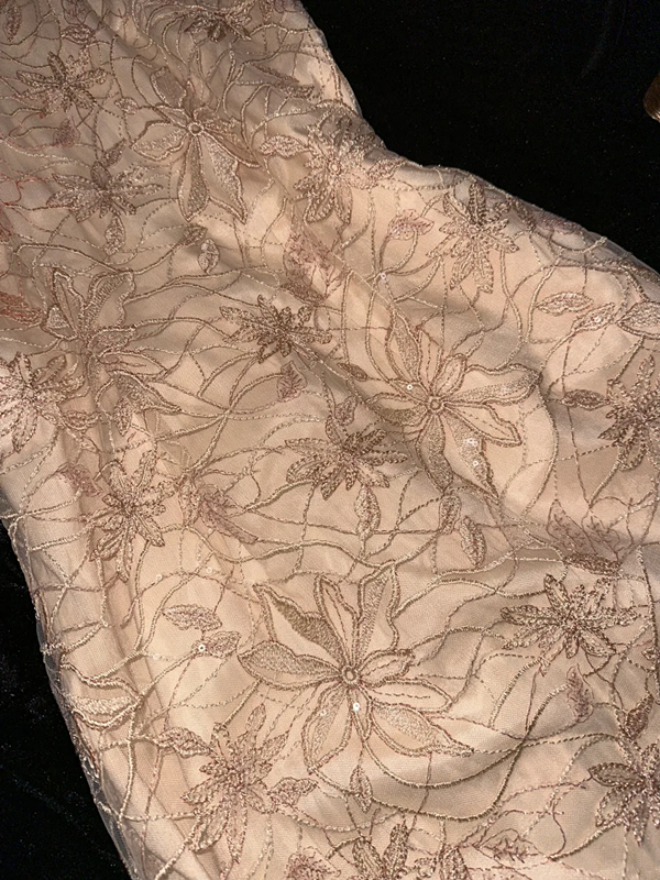 Apricot-colored Chinese-style dress, fitted waist, embroidered and printed mid-length ball gown R6851